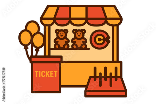 Carnival Fun Icons. Linear minimalistic carnival fun icon: game stand, ticket counter, prize rack, balloons, dart game, ring toss