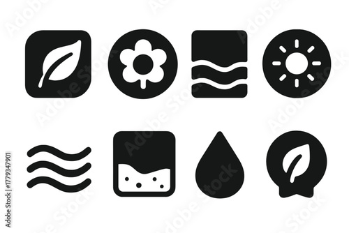 Nature-Inspired Icon Set. Solid style icons of nature-inspired dyes: leaf-reactive icon, floral hue badge, earthy panel. Sun-melt