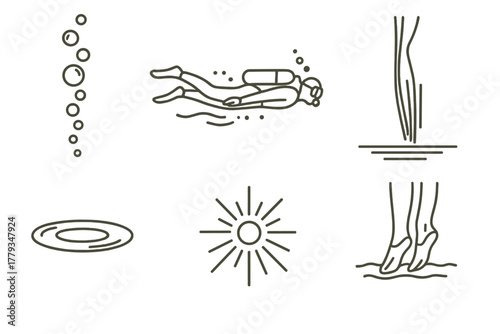 Underwater Diving Icons. Line style icons of underwater moments in diving: air bubbles trail, diver underwater glide, streamlining