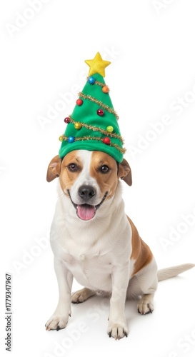 dog wearing a Christmas tree hat, holiday animal graphic, on a white background