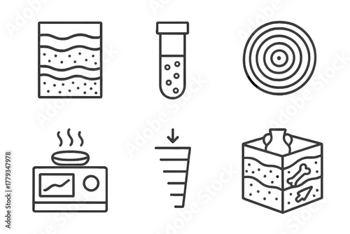 Archaeological Dating Icons. Line style icons of archaeological dating techniques: stratigraphy chart, radiocarbon sample vial,