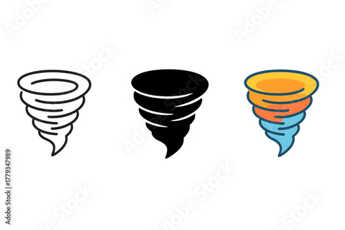 Minimalist Tornado Icons. Minimalist tornado icon: three identical tornado illustrations in a row, first in line style with thin