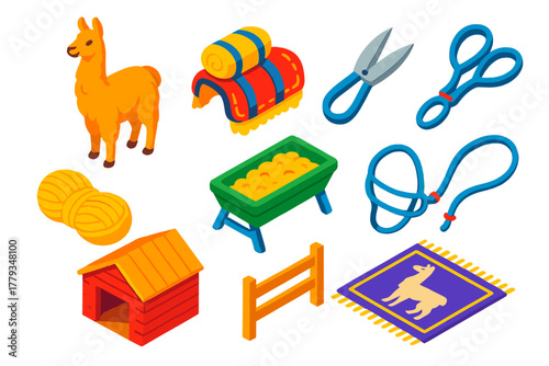 Colorful Farm Animals. Isometric vector illustration set Farm animals – llama, pack saddle, shear blade; wool skein, feeding
