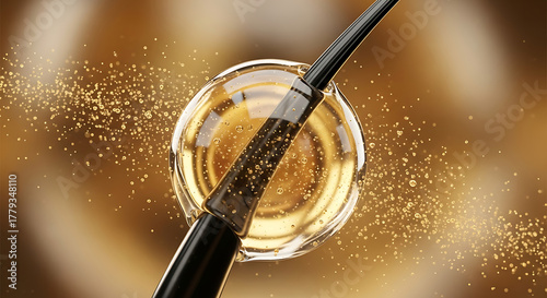 3D illustration of a black hair strand penetrating golden serum bubble surrounded by small particles, ideal for hair care and cosmetic concepts.