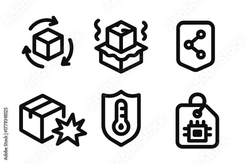 Programmable Matter Icons. Line style icons of Programmable Matter: packaging that changes shape, protective wrapping icon, smart