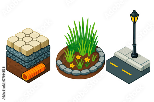 Eco Construction Elements. Isometric vector illustration set Eco construction – pervious paving slab, gravel underlayer, drainage