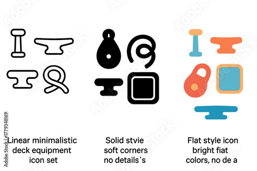 Deck Equipment Icons. Linear minimalistic deck equipment icon: winch handle, cleat, mooring line, block, hatch cover, deck cleat