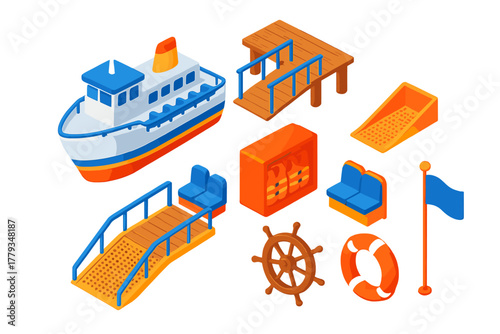 Ferry Boat Icons. Isometric vector illustration set Public transportation – ferry boat, pier dock, boarding ramp; life jacket