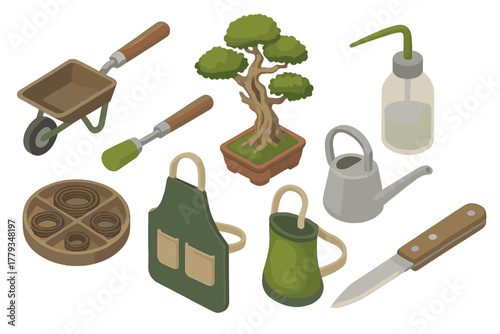Bonsai Gardening Tools. Isometric vector illustration set of Bonsai gardening: mini wheelbarrow, deadwood carving tool, formal