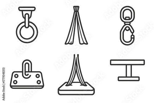 Aerial Silk Icons. Line style icons of aerial silk apparatus: hanging rig point, double silk fabric, carabiner with swivel,