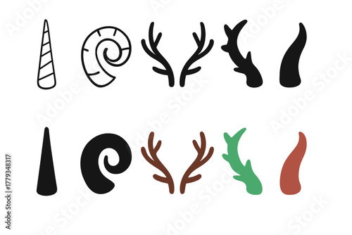 Mystical Horn Icons. Linear minimalistic mystical horns icon: unicorn horn, ram horn, stag antlers, dragon horn, demon horn, faun