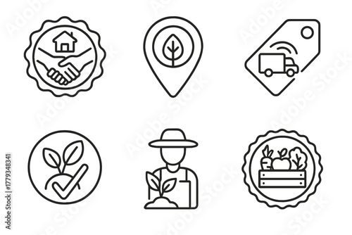Local Sourcing Icons. Line style icons of local sourcing certifications: community certified stamp, traceable origin logo,