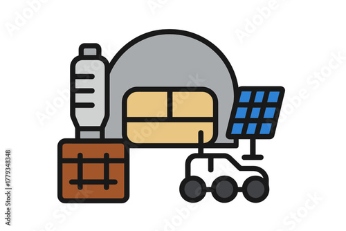 Futuristic Colony Icons. Linear minimalistic futuristic colony icon: dome structure, filtration tower, habitat layout, supply