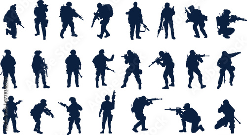 set of silhouettes of army of usa