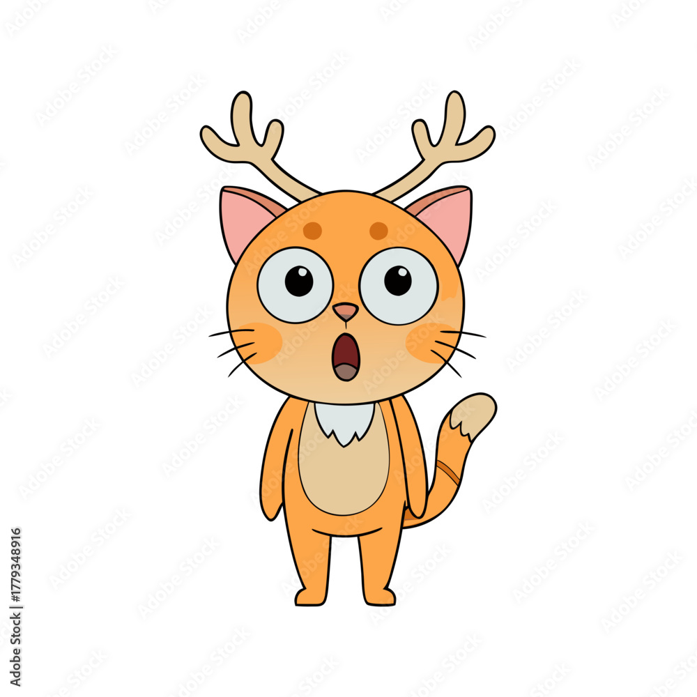 Fototapeta premium Surprised cartoon orange cat with antlers and big eyes isolated on white background