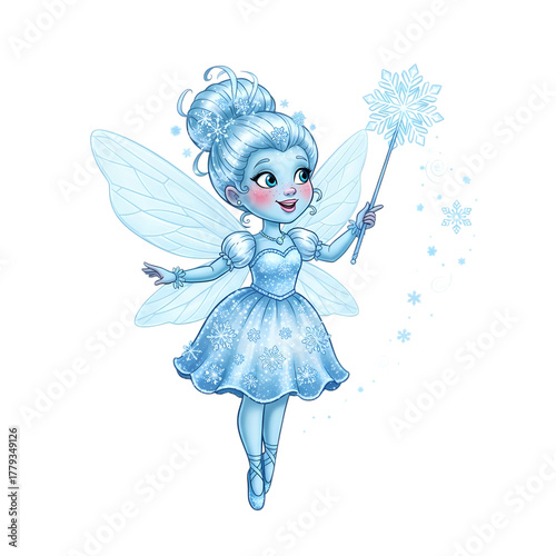 Enchanting ice fairy with snowflake wand brings winter magic