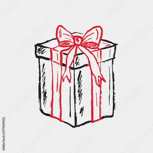 Hand drawn crayon gift box with red ribbon. Vector sketch illustration in vintage retro ink style. Merry Christmas design, holiday celebration, happy birthday