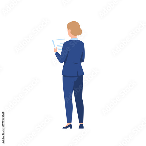Full Shot Back View Of A Woman In A Blue Business Suit Holding A Document With Text Standing Against A Black Background