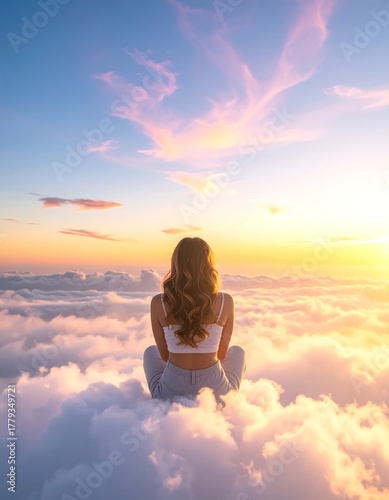 A woman sits atop clouds, facing a beautiful sunrise