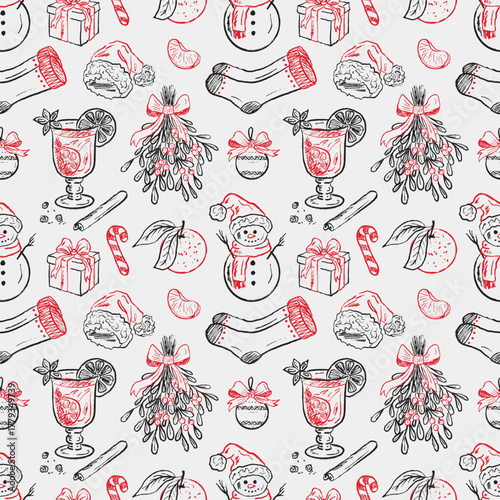 Hand drawn vector Christmas seamless pattern with mistletoe, mulled wine, Vector sketch illustration in vintage crayon charcoal style. Christmas stocking, tangerine, snowman.