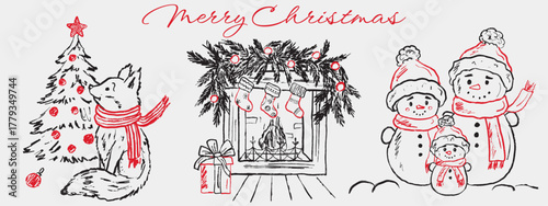 Hand drawn Merry Christmas set of illustrations. Snowman happy family, fireplace with stockings, gift box, garland, and fox sitting near the Christmas tree. Vector sketch drawings in crayon style
