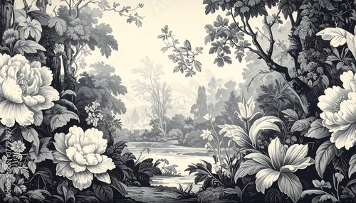 Black and white floral landscape with a serene scene