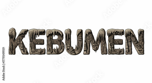 3D illustration Kebumen letters with cave texture and stalactites details