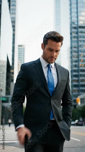 A businessman in a suit walks on a city street while talking on a phone