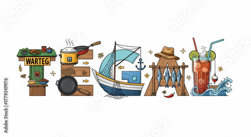 Illustrated concept art depicting indonesian seascape culinary experience trip enjoyment