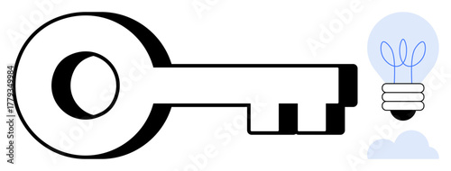 Large black key next to a light bulb with plant-thumbs up filaments above clouds. Ideal for innovation, creativity, ideas, solutions, opportunity, strategy, motivation. Simple flat metaphor