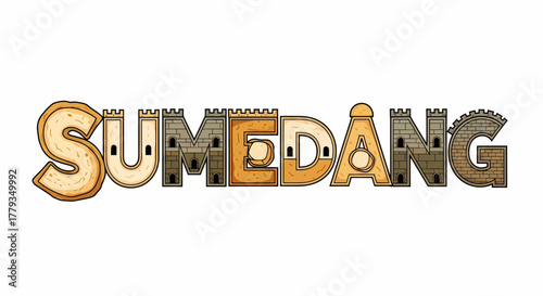 Creative lettering sumedang vector design with traditional food and building concept