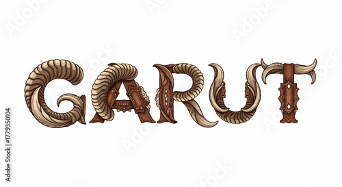 Decorative fantasy typography artwork with animal horns and leather details