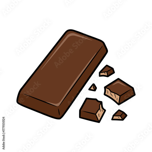 Illustration of a chocolate bar and broken pieces on a black background representing a sweet snack or confectionery delight