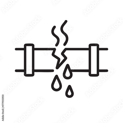 Broken pipe with leaking water a simple black and white line icon