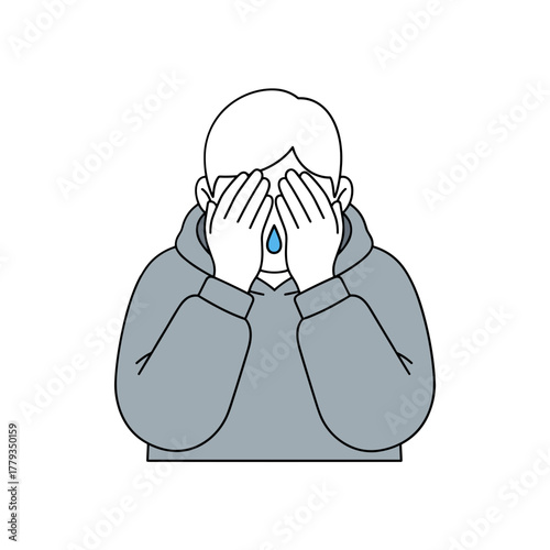 Illustration of a person crying with hands covering face and tears falling down isolated on a black background emotion sadness distress grief despair mental health concept