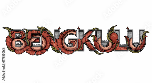 Illustration Bengkulu text Rafflesia Arnoldii flower blended with Fort Marlborough detail