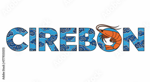 Illustration Cirebon typography with cloud pattern and a shrimp image