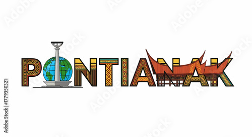 Illustration Pontianak city logo with Equator monument and Rumah Betang design