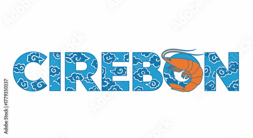 Vector Cirebon city text art with shrimp and cloud patterns