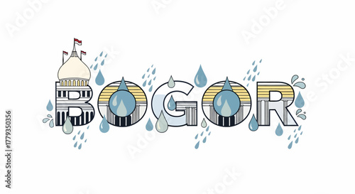 Illustration Bogor text design with building flag and falling raindrops decoration
