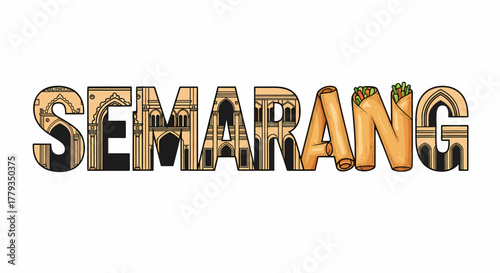 Illustration semarang indonesia typography with historical building and spring rolls