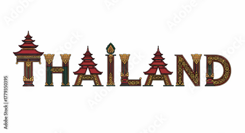 Decorative thailand lettering design with asian style architectural elements