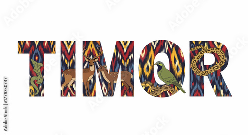 Decorative typographic design of timor with native animals and patterns