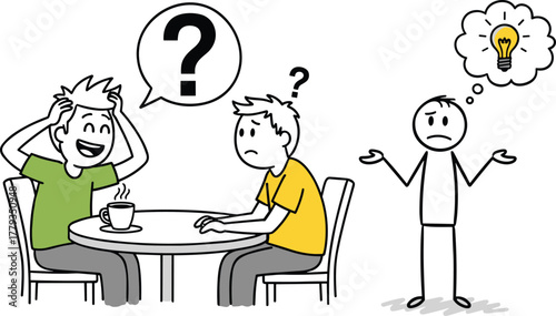 Cartoon characters brainstorming at table, confused and thoughtful expressions, problem solving illustration, teamwork discussion, idea concept, creative thinking scene
