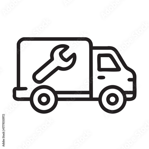 Simple line art illustration of a service van with a wrench symbol