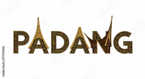 Decorative typography featuring Padang city name with Minangkabau architecture