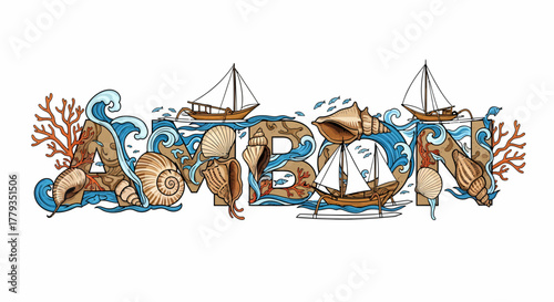 Illustrated Ambon lettering with sea shells boats and ocean waves drawing