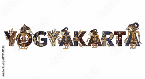 Illustration of Yogyakarta text with traditional Indonesian wayang kulit puppets