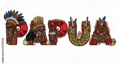Decorative Papua text with tribal masks feathers and animal elements