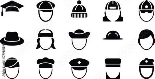 Collection of diverse headwear icons, including graduation caps, fedoras, beanies, helmets, chef hats, and various head coverings. isolated on transparent background, Vector